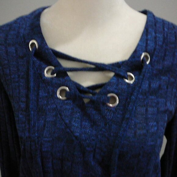 Chenault Ribbed Blue Lightweight Long Sleeve Pullover Blouse Tie Front-Small - Picture 2 of 4